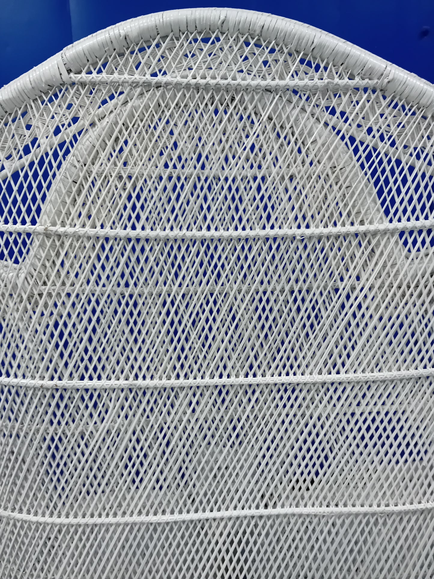 White Wicker Rattan Peacock Loveseat. Back close up.