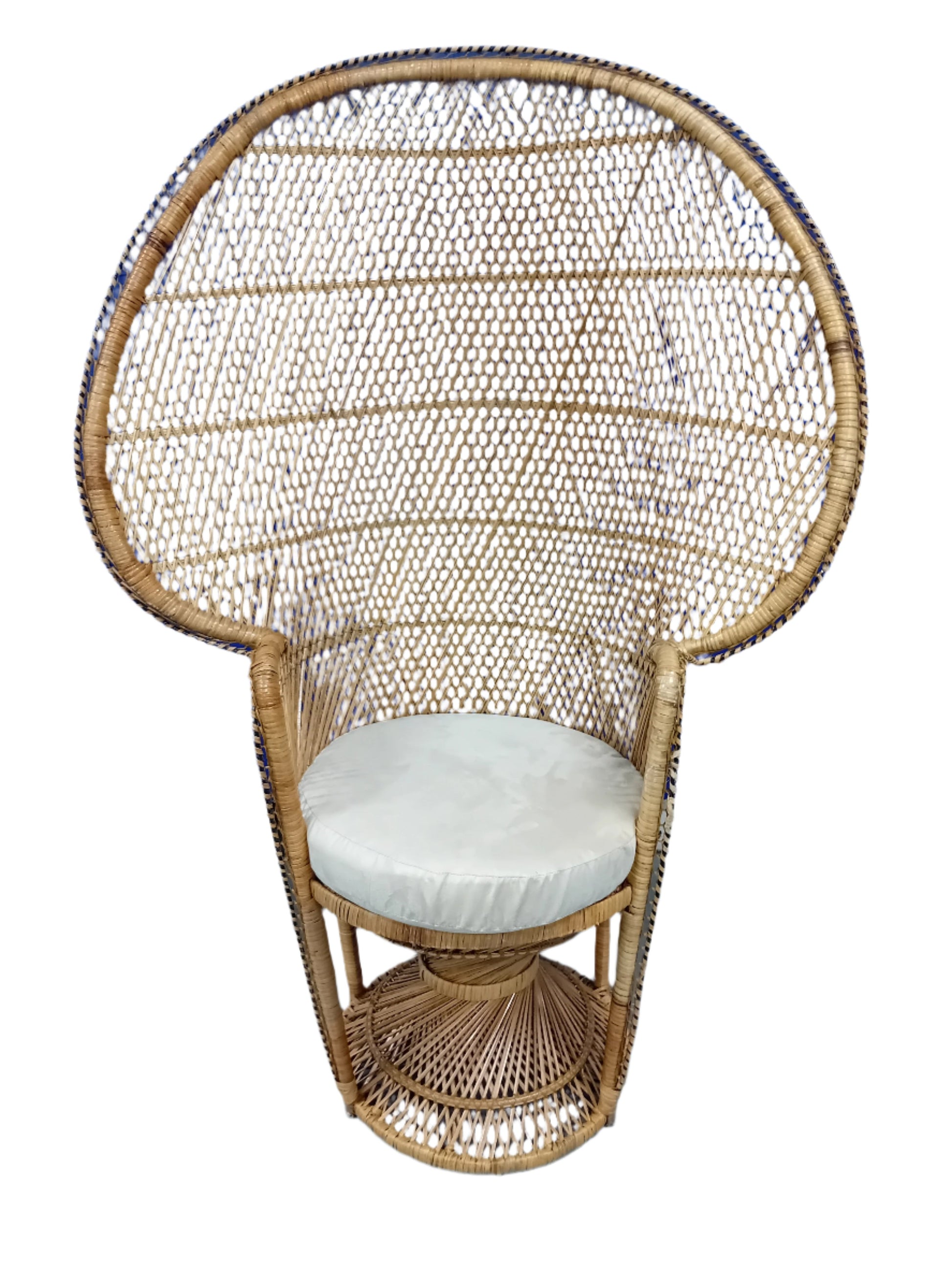 Natural Wicker Rattan Twist Base Peacoc Chair and Cream Faux Suede Seat Pad.