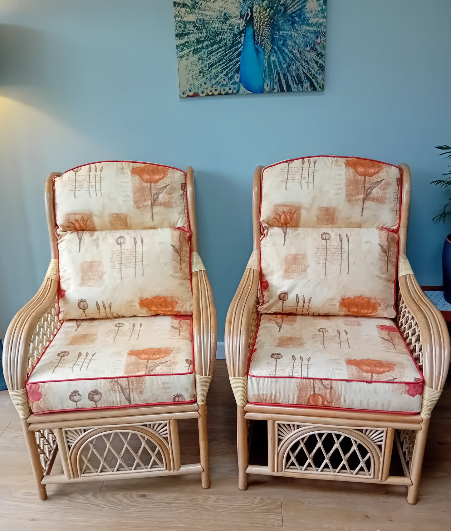 REF: O'Brien Natural Wash Serena Cane and Wicker pair of Conservatory Chairs and 1x Papasan Stool with poppies Natural Cushions.