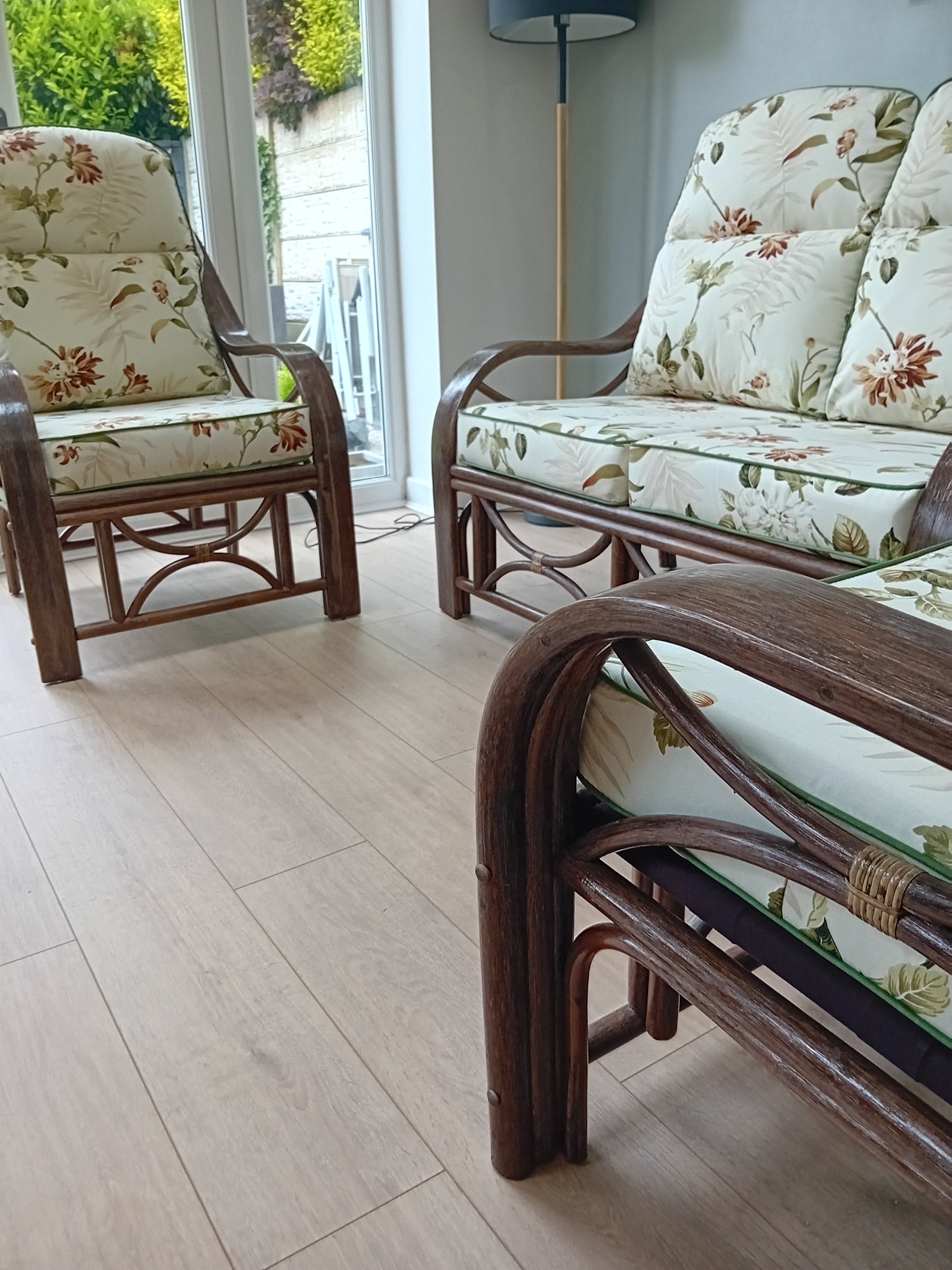 Brown Wash Cane and Wicker Rattan San Marino 3pce Conservatory Suite with Bayswater Autumn Cushions.