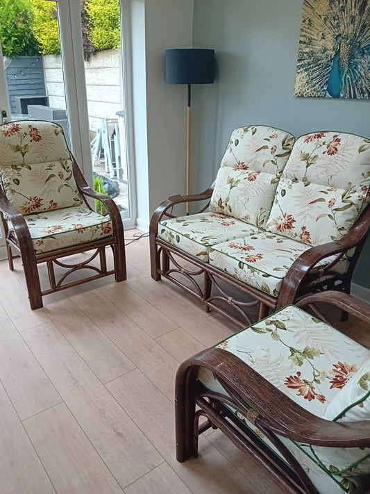 Brown Wash Cane and Wicker Rattan San Marino 3pce Conservatory Suite with Bayswater Autumn Cushions.