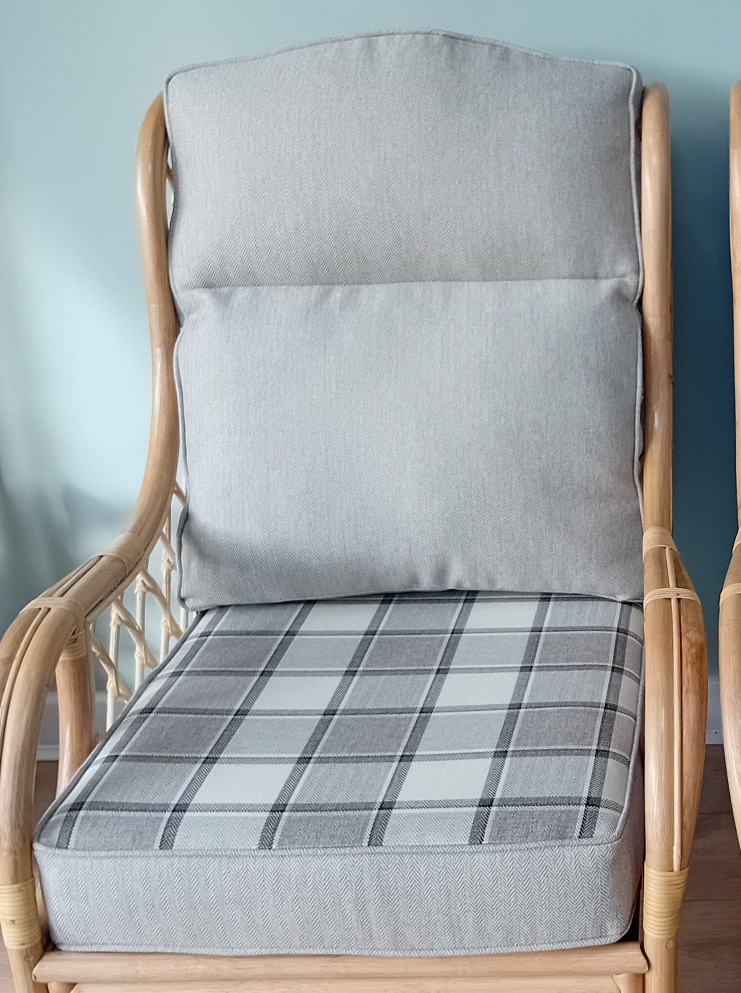 Natural Cane and Wicker Rattan Melton Conservatory Pair of Chairs. With 4 in 1 Check Plain Cushions.