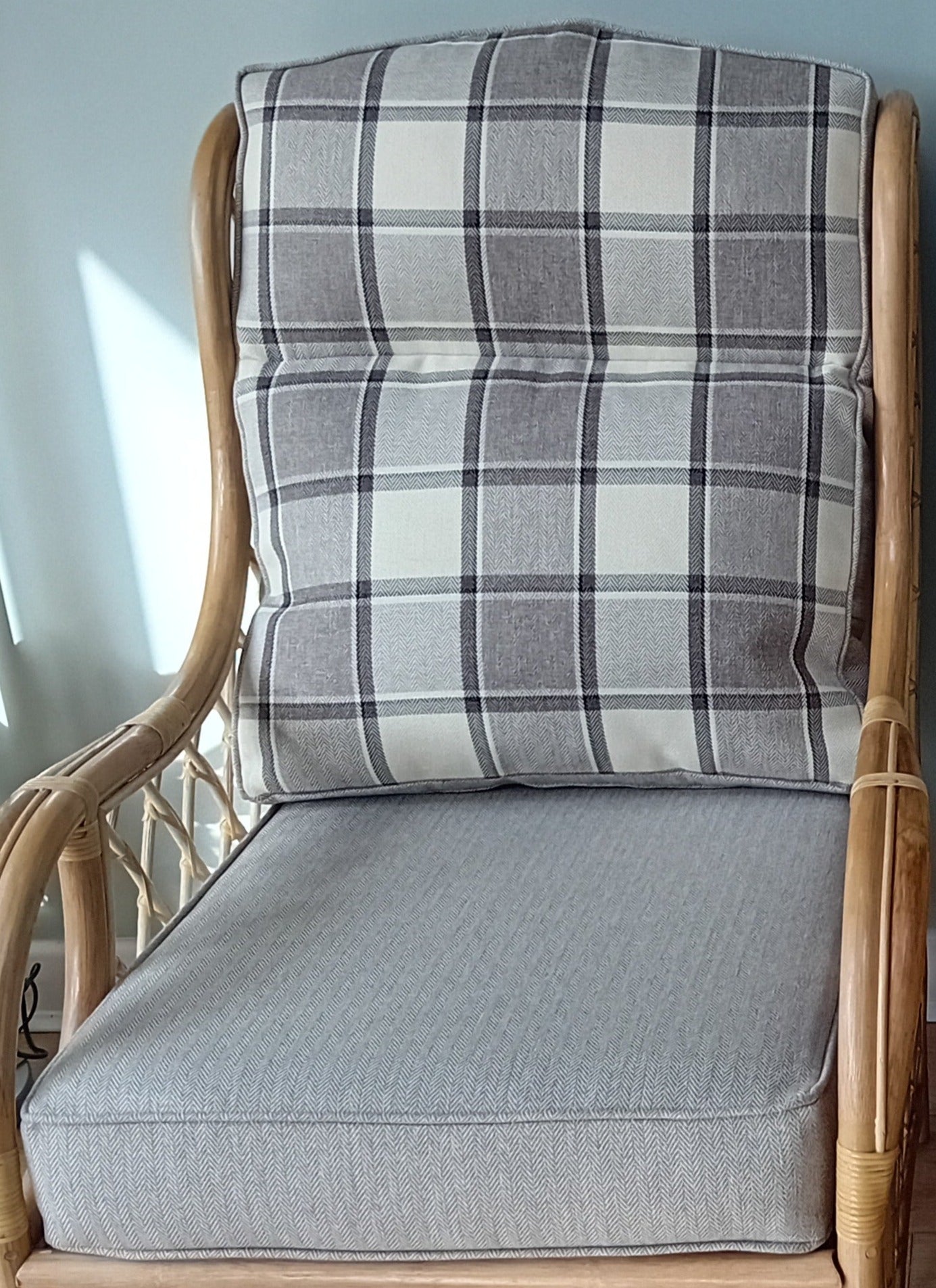 Natural Cane and Wicker Rattan Melton Conservatory Pair of Chairs. With 4 in 1 Check Plain Cushions.