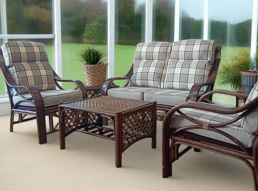 Brown Wash Cane and Wicker Rattan San Marino 5pce Conservatory Suite with 4 in 1 Check Plain Cushions.