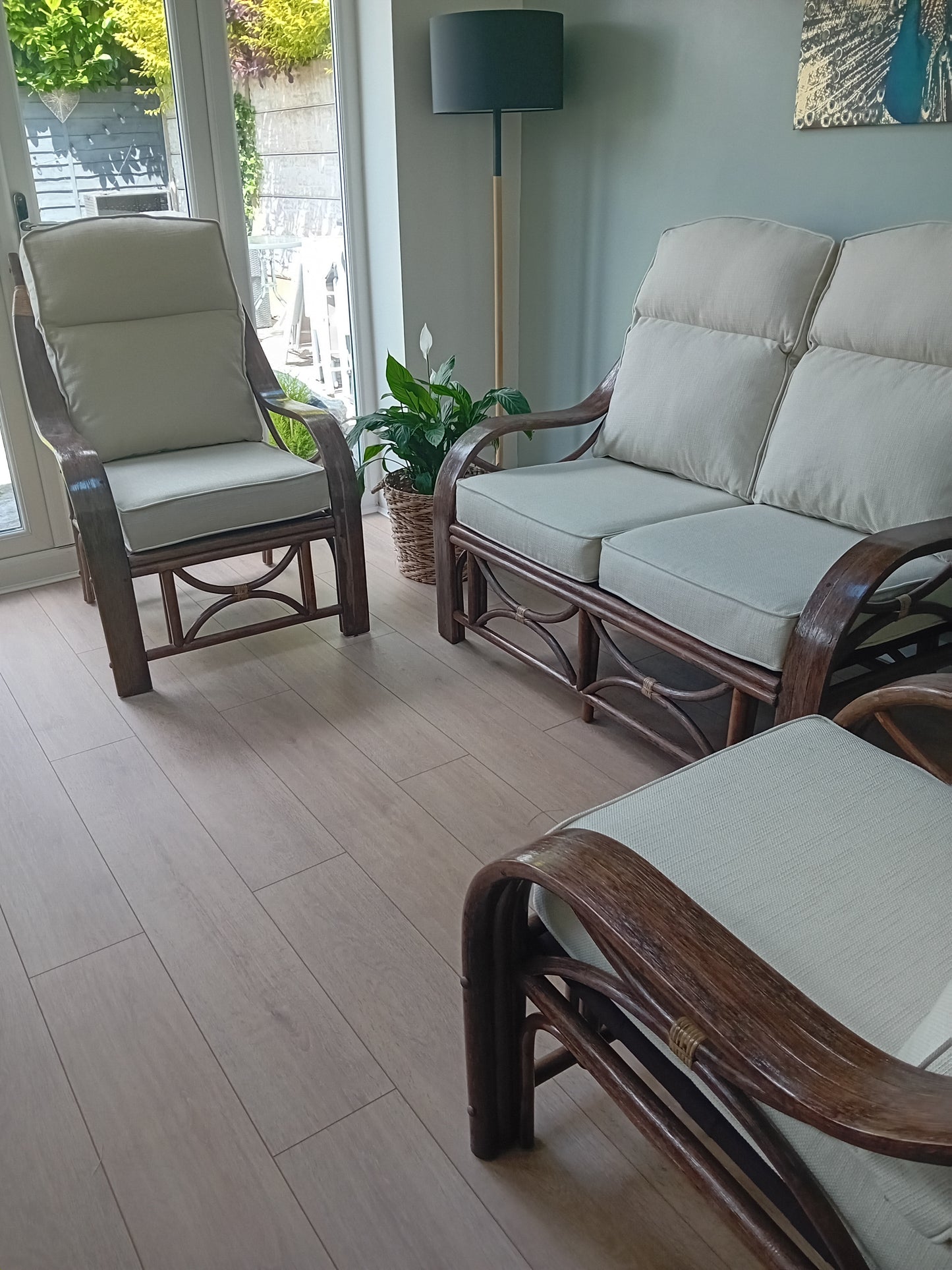 Brown Wash Cane and Wicker Rattan San Marino 3pce Conservatory Suite with Key West Linen Cushions.