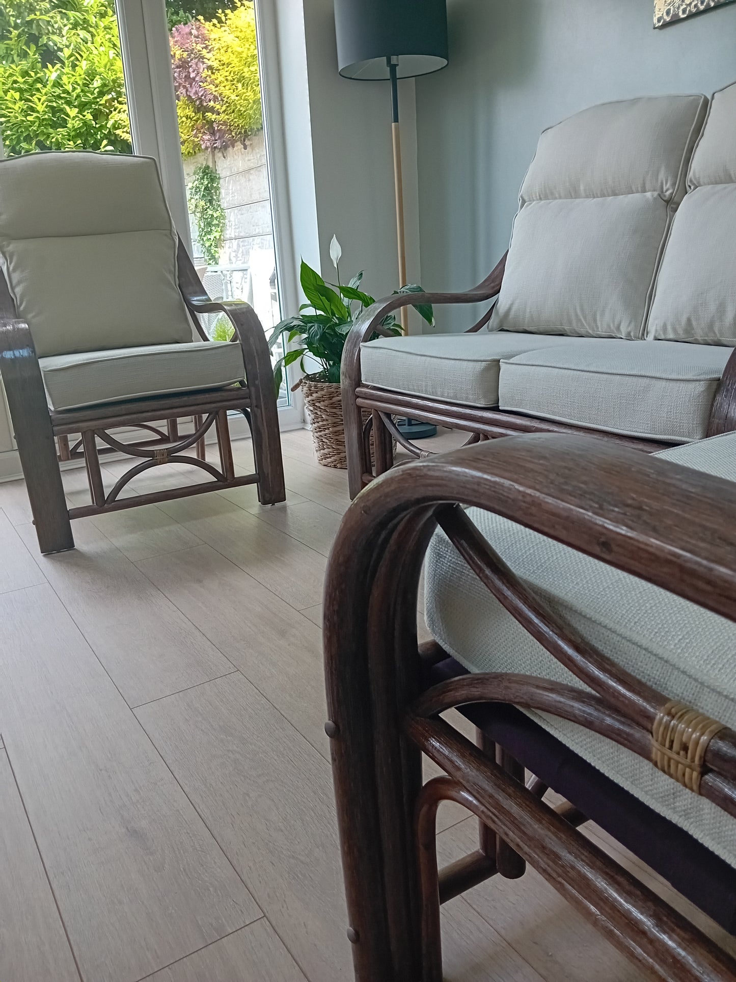 Brown Wash Cane and Wicker Rattan San Marino 3pce Conservatory Suite with Key West Linen Cushions.