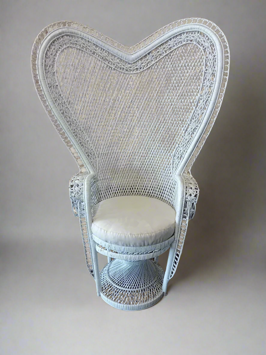 White Wicker Rattan Heart Peacock Chair and Seat Pad.