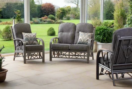 Grey Wash Wash Belo Cane Conservatory 2 seater Sofa and 2x Armchairs.