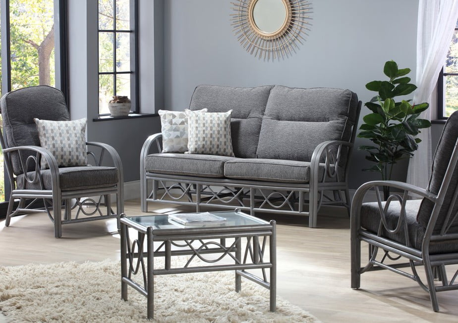 Belo Grey Wash Cane Conservatory Coffee Table. In a room setting.