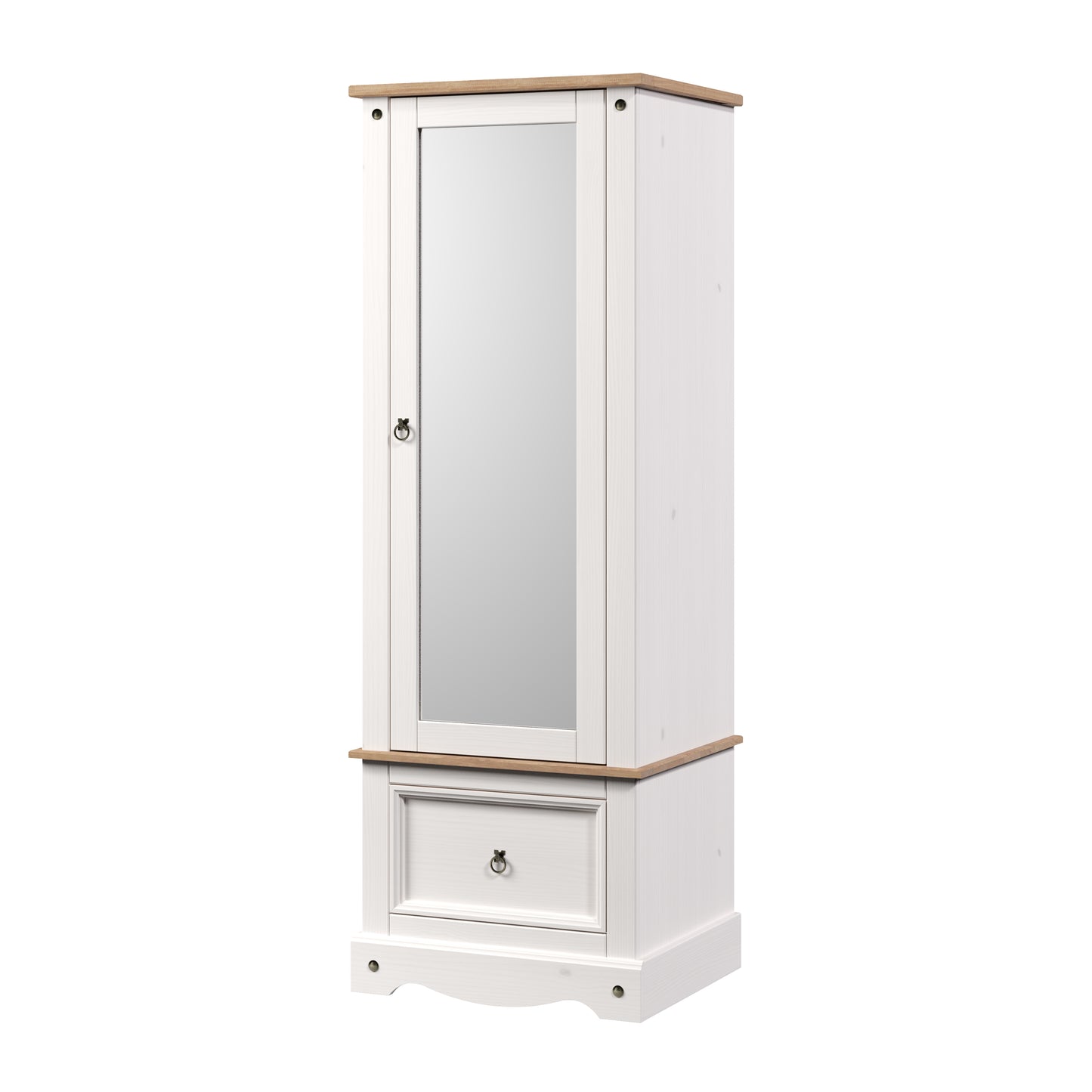 White Waxed Pine. Armoire with Mirrored Door and Drawer.