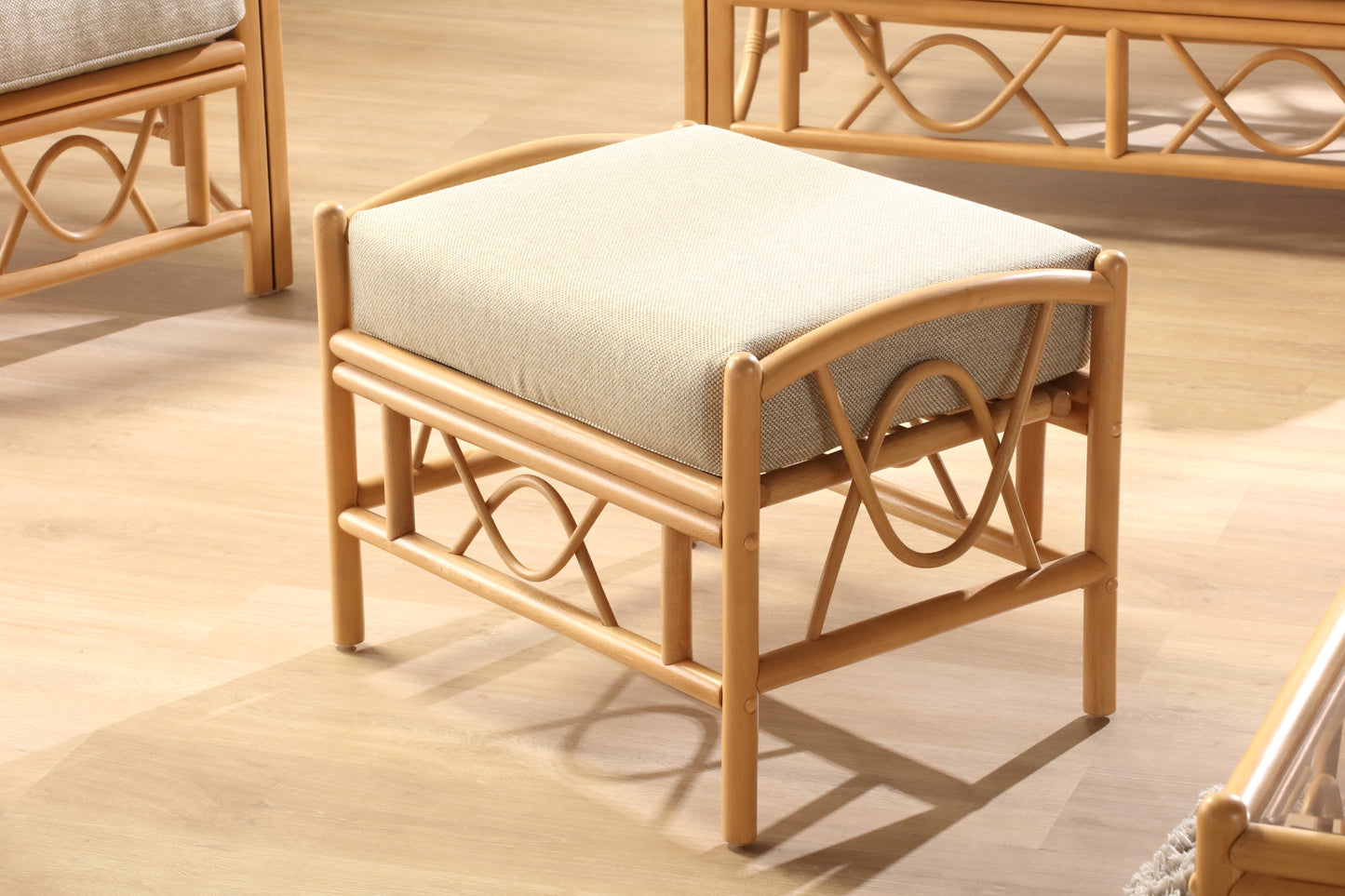 Belo Light Oak Cane Conservatory Footstool. Room setting.