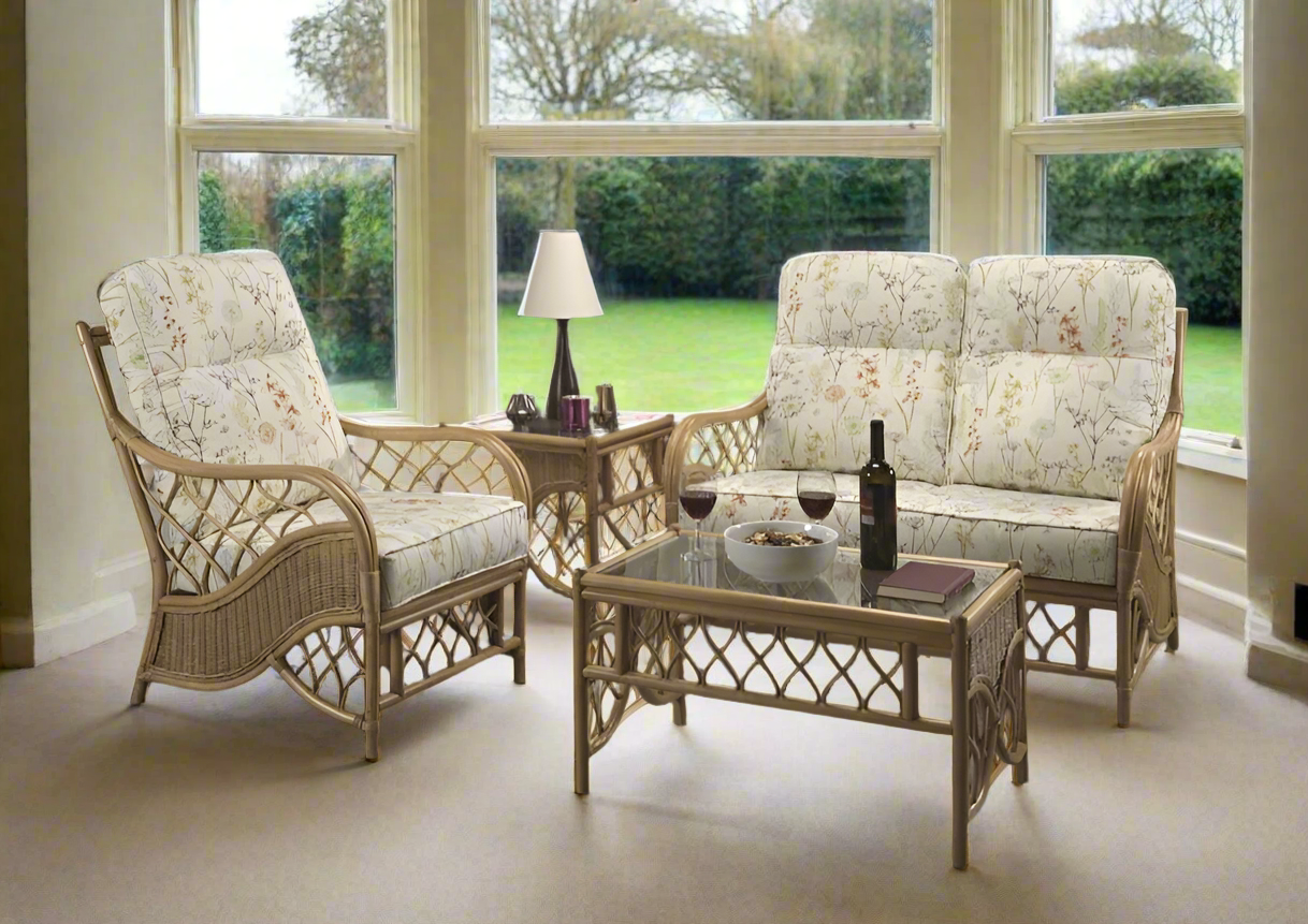 Medium Oak Bernado Cane Conservatory 2 seater Sofa and 2x Armchairs.