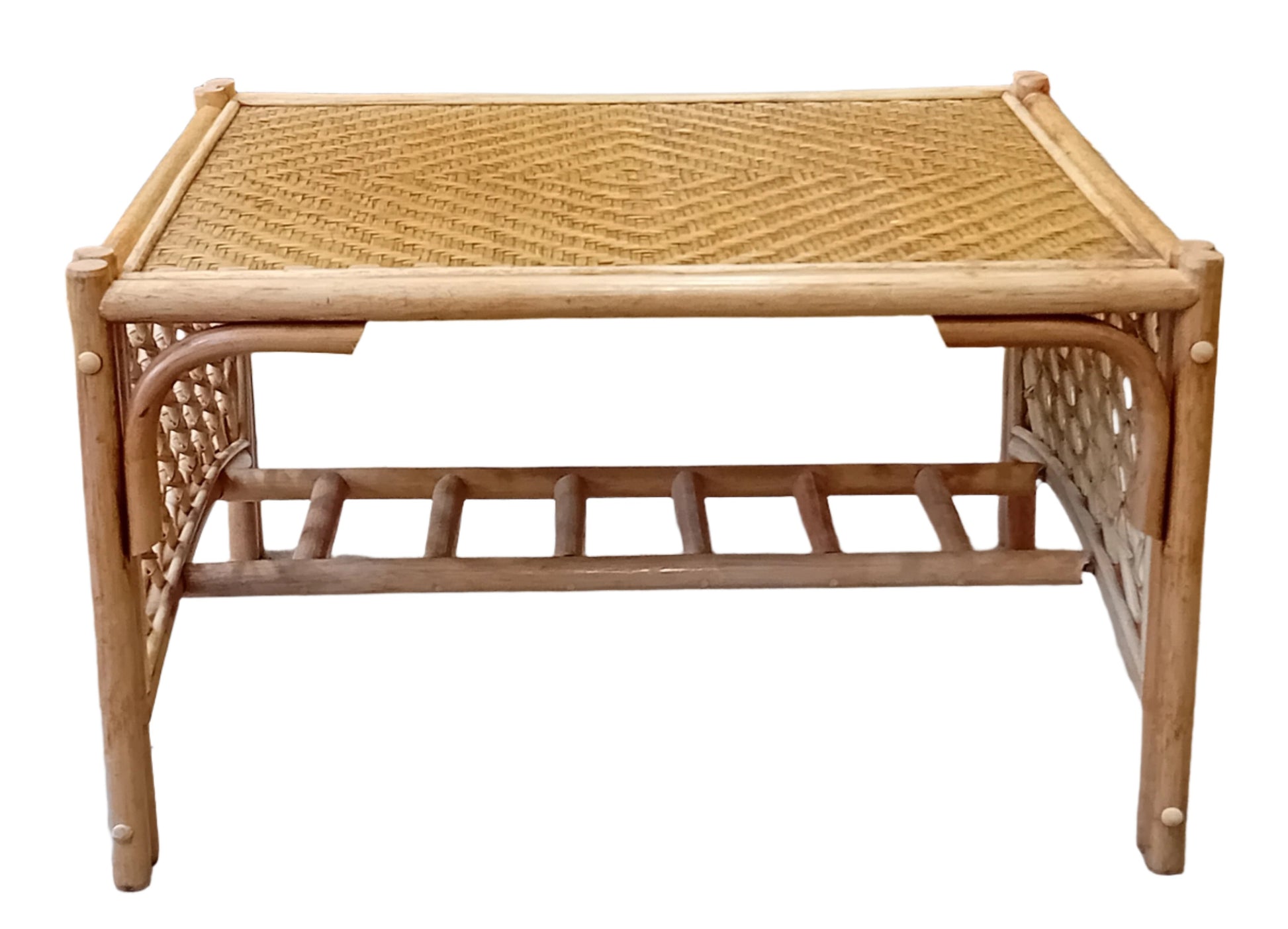 Antique Wash Serena Cane, Rattan and Wicker Conservatory Coffee Table. Side view.