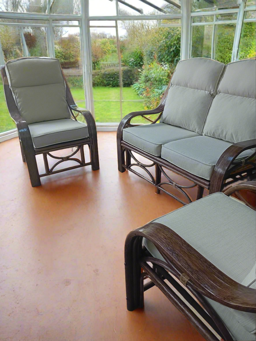 Brown Wash Cane and Wicker Rattan San Marino 3pce Conservatory Suite with Key West Linen Cushions.