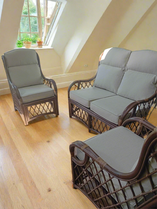 Brown Wash Cane and Wicker Rattan Melton 3 piece Conservatory Suite. With Key West Linen Cushions.