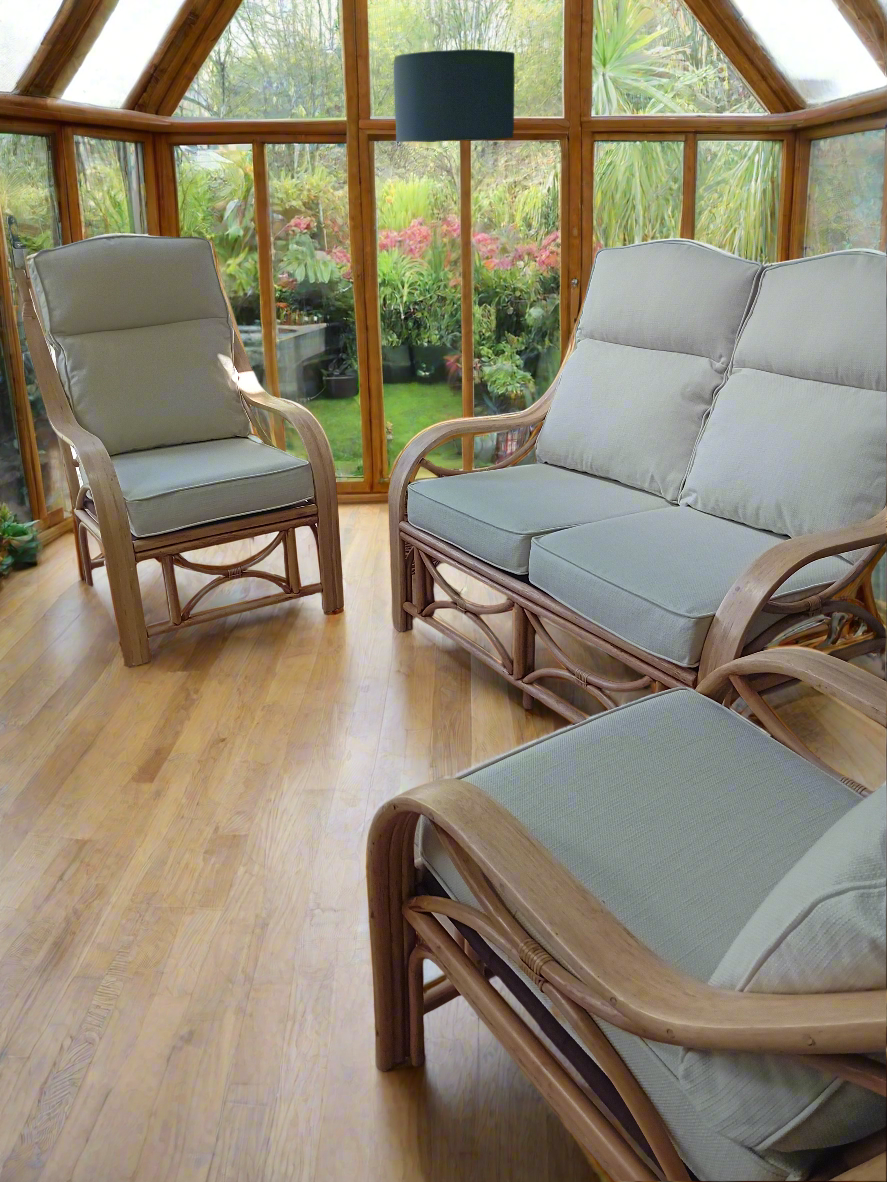 Antique Wash Cane and Wicker Rattan San Marino 3pce Conservatory Suite with Key West Linen Cushions.