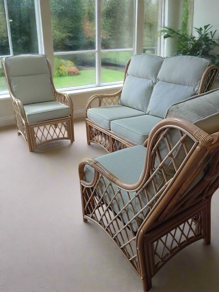 Natural Wash Cane and Wicker Rattan Melton 3 piece Conservatory Suite. Consists of 1xSofa, 2xChairs. With Key West Linen Cushions.