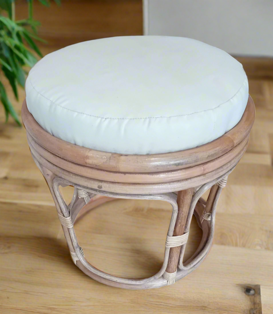 Antique Wash Round Papasan Footstool and Faux Suede Cream Cushion. Other fabrics available.