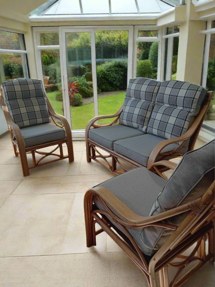 Antique Wash Cane and Wicker Rattan San Marino 3pce Conservatory Suite with Check/Plain 4 in 1 Cushions.